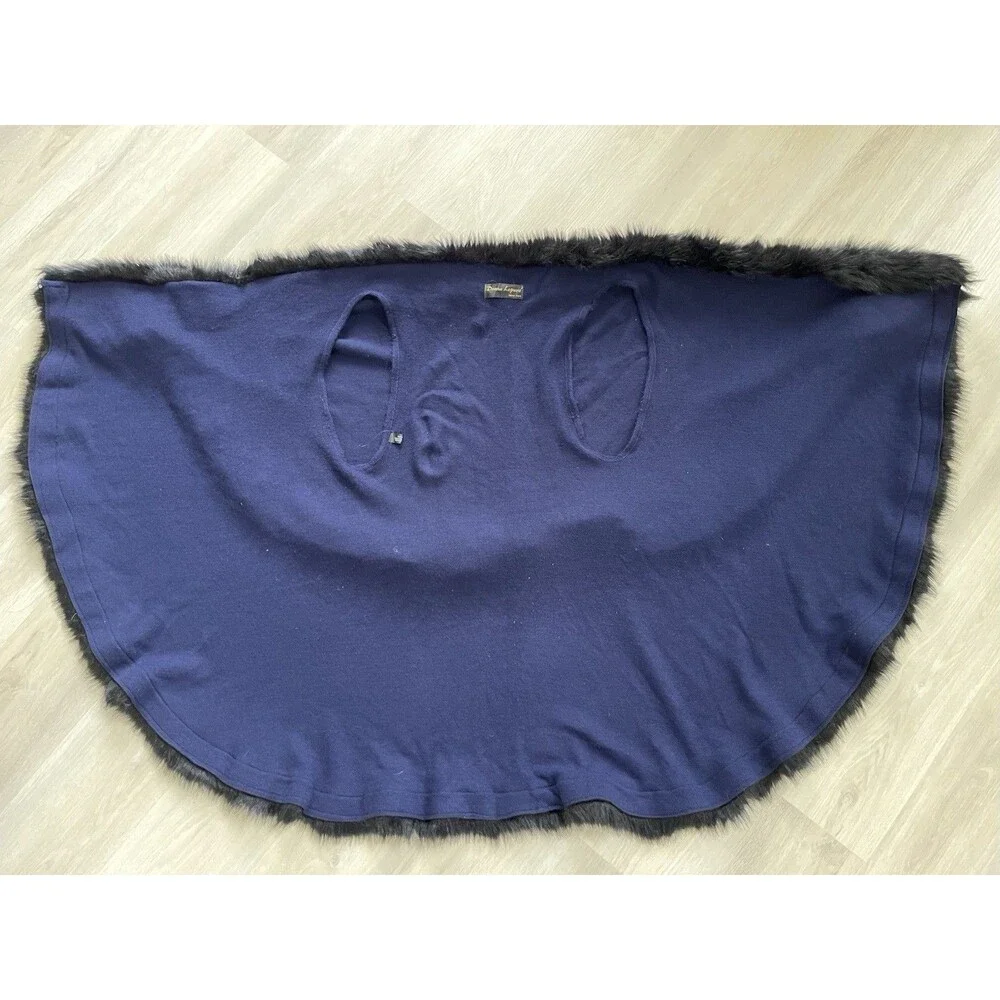 Donna Lepure Navy 100% Wool Knit Shawl Wrap Women Old Money Mob Wife Faux Fur